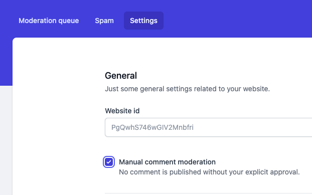 A screenshot of enabling manual comment moderation for Welcomments.